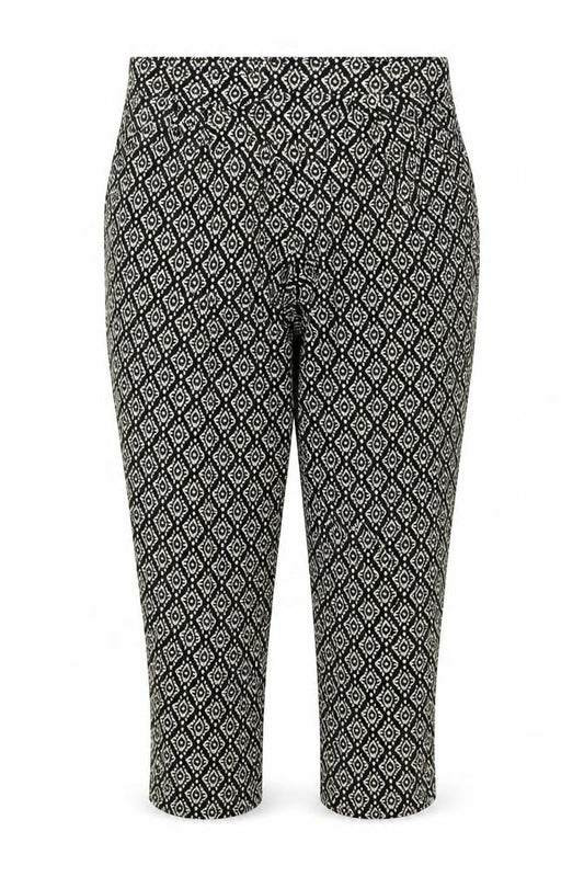 Front view of prew women’s black geometric viscose capri trousers, size UK 32, in, 22-inch leg regular