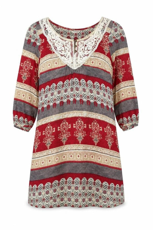 Front view of Indigo women’s multicoloured geometric viscose a-line, size UK 8, scoop neck pullover