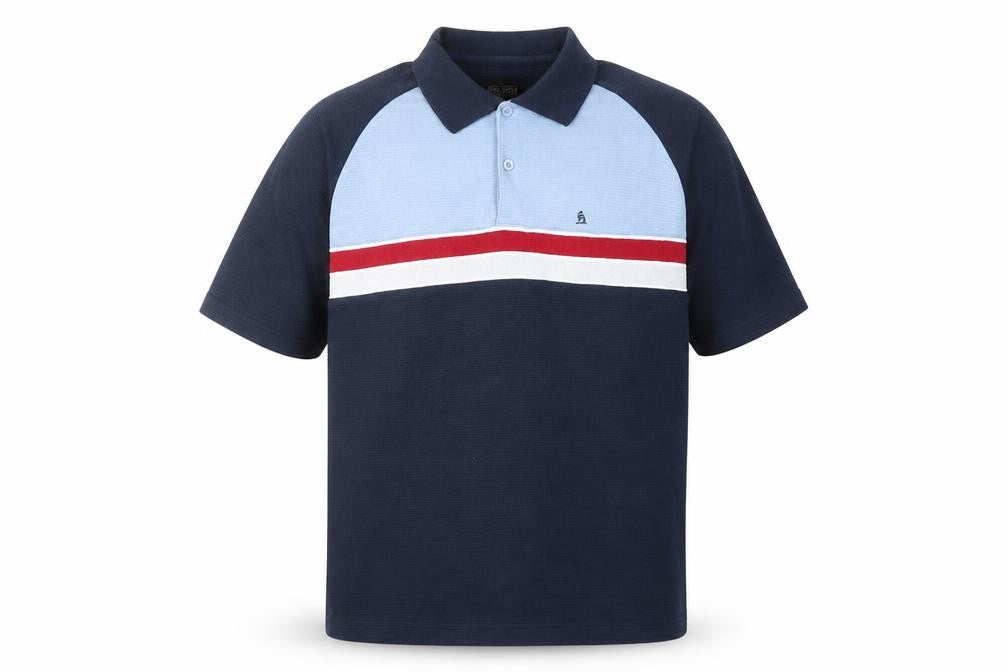 Front view of John Curtis men’s multicoloured colourblock cotton polo, size L, collared button
