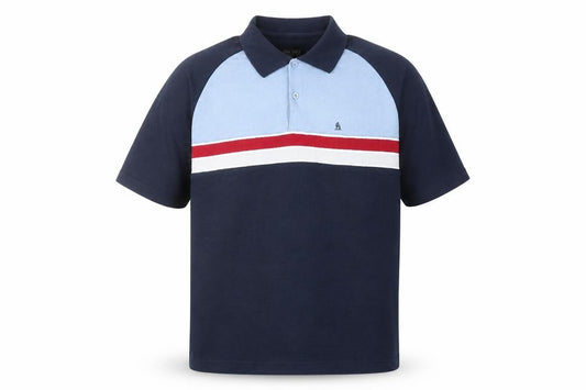Front view of John Curtis men’s multicoloured colourblock cotton polo, size L, collared button