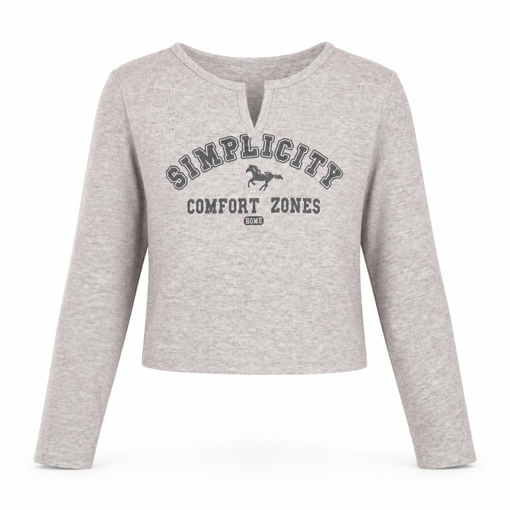 Front view of Daze women’s grey polyester cropped t-shirt, size L, v-neck - simplicity