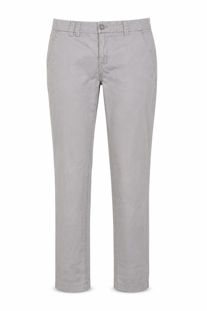 Front view of H&M women’s grey cotton chino trousers, size S, 32-inch leg regular button