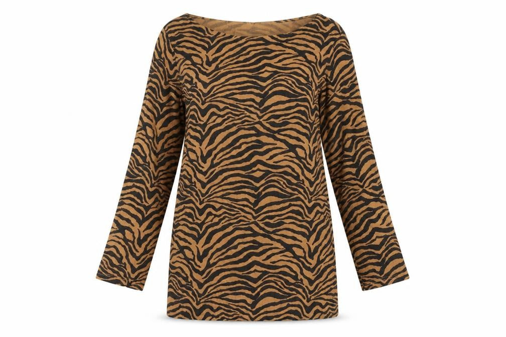 Front view of Dorothy Perkins women’s brown animal print cotton basic blouse, size UK 8, boat neck - tigger pattern