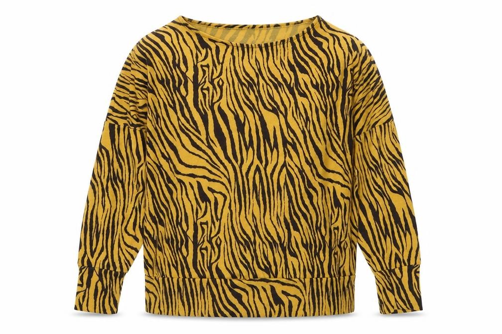 Front view of Dorothy Perkins women’s yellow round neck animal print polyester jumper, size UK 12, - tigger pattern