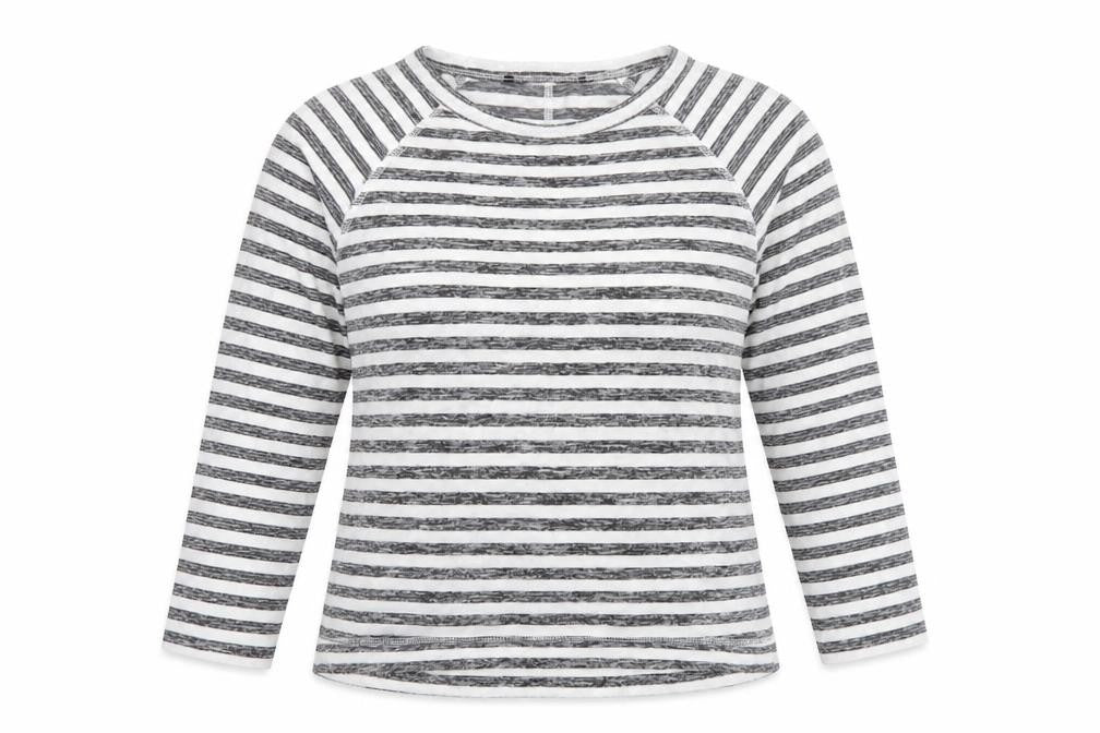 Front view of Marks & Spencer women’s grey striped polyester basic t-shirt, size UK 8, round neck