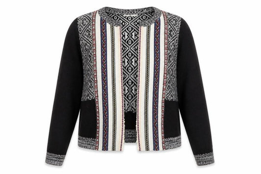 Front view of Tu women’s multicoloured v-neck geometric acrylic cardigan jumper, size UK 12