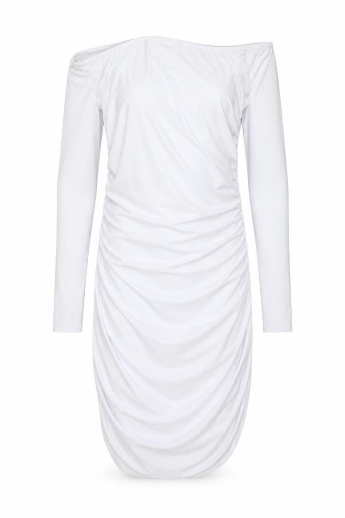 Front view of PRETTYLITTLETHING women’s white polyester bodycon, size UK 10, off the shoulder pullover