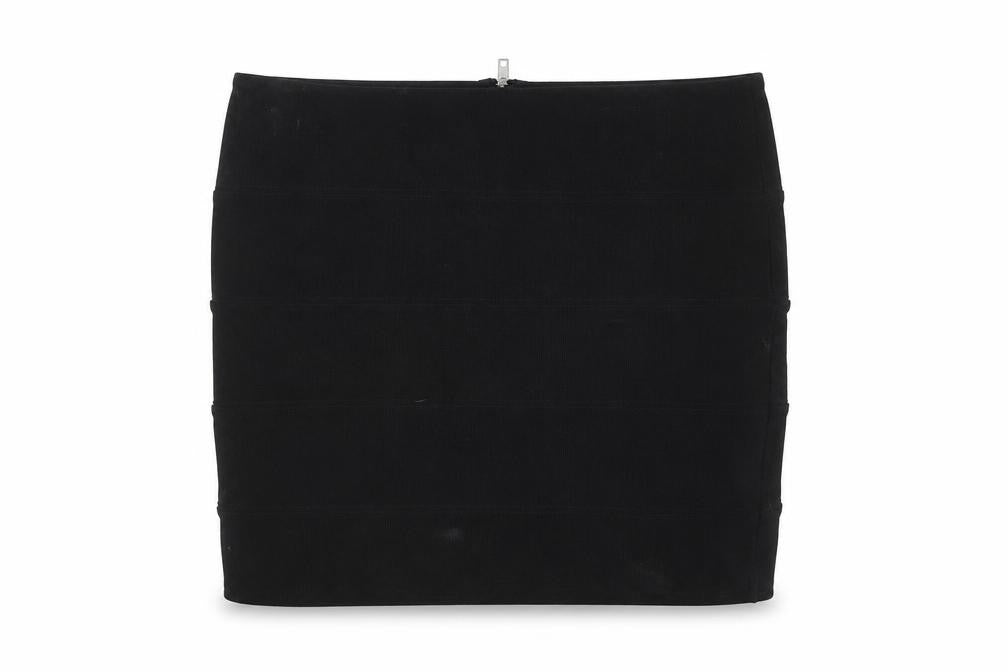 Front view of Prewron women’s black polyester mini skirt, size UK 30, in zip