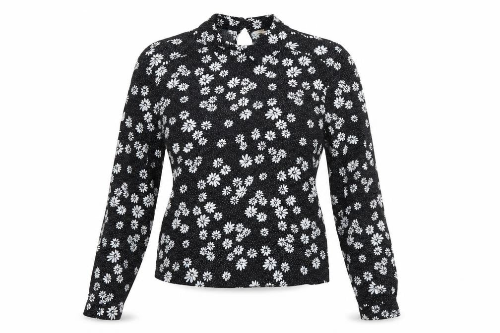 Front view of Miss Selfridge women’s black floral viscose basic blouse, size UK 8, collared