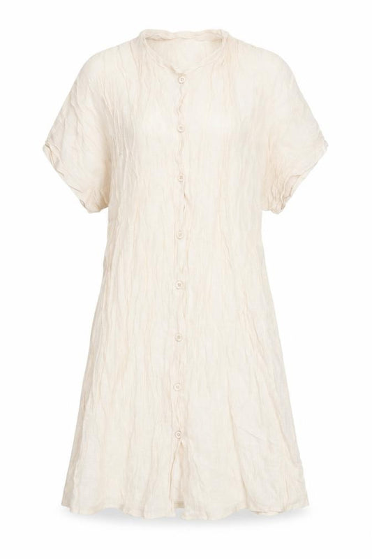 Front view of women’s ivory polyester a-line, size UK 10, round neck button