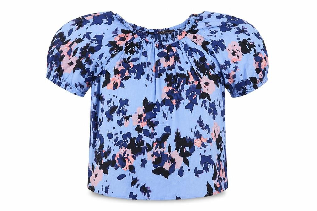 Front view of Marks & Spencer women’s blue geometric polyester basic t-shirt, size UK 8, round neck