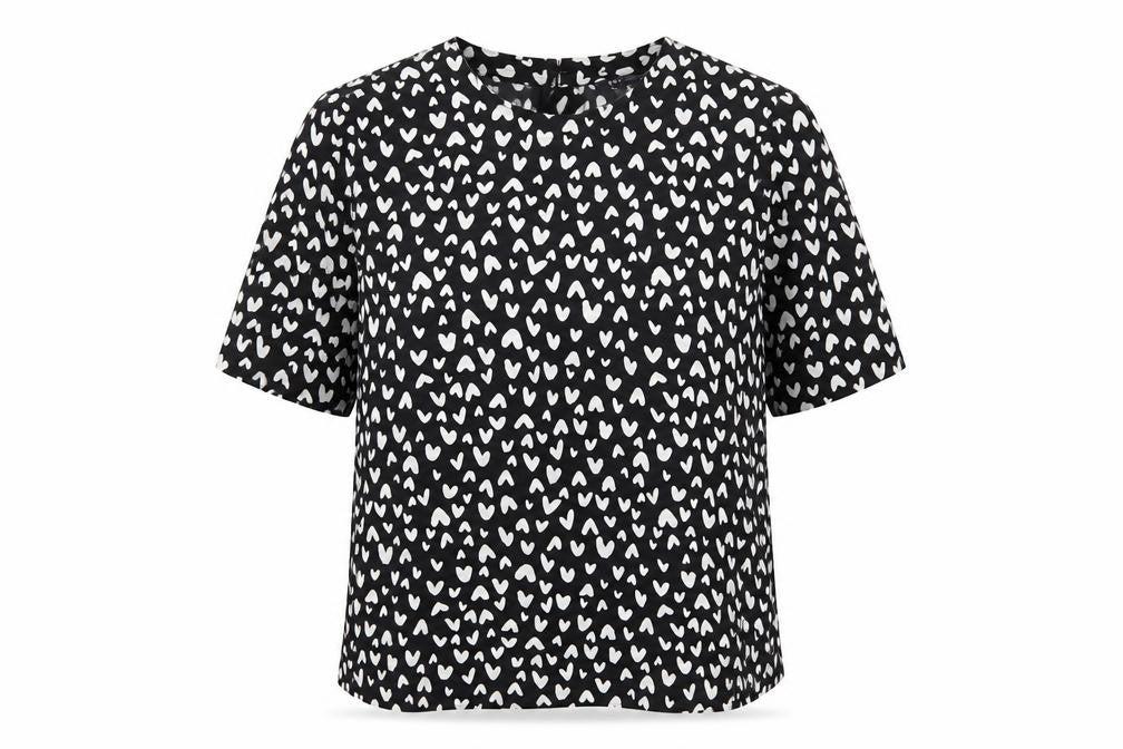 Front view of Marks & Spencer women’s black geometric polyester basic t-shirt, size UK 10, round neck - hearts