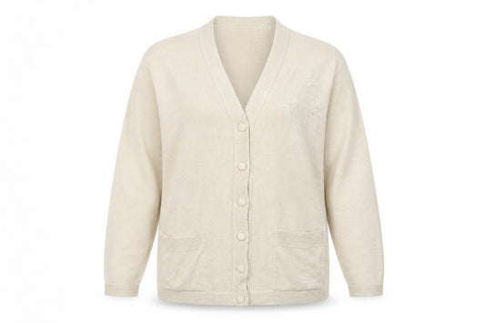 Front view of Care women’s ivory round neck acrylic cardigan jumper, size XL