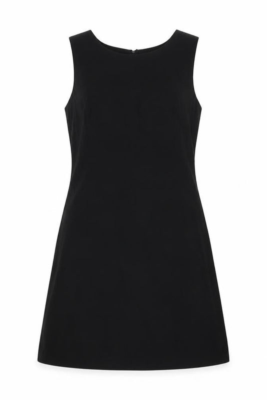 Front view of Country Road women’s black polyester a-line, size UK 8, boat neck zip