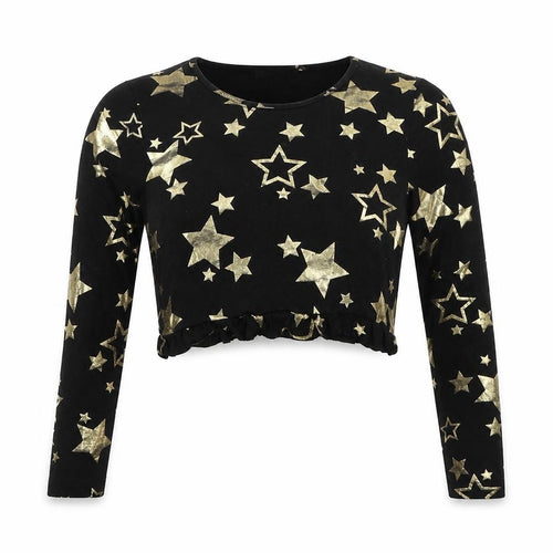 Boohoo Womens Black Geometric Viscose Cropped T-Shirt Size 10 Scoop Neck - Stars
