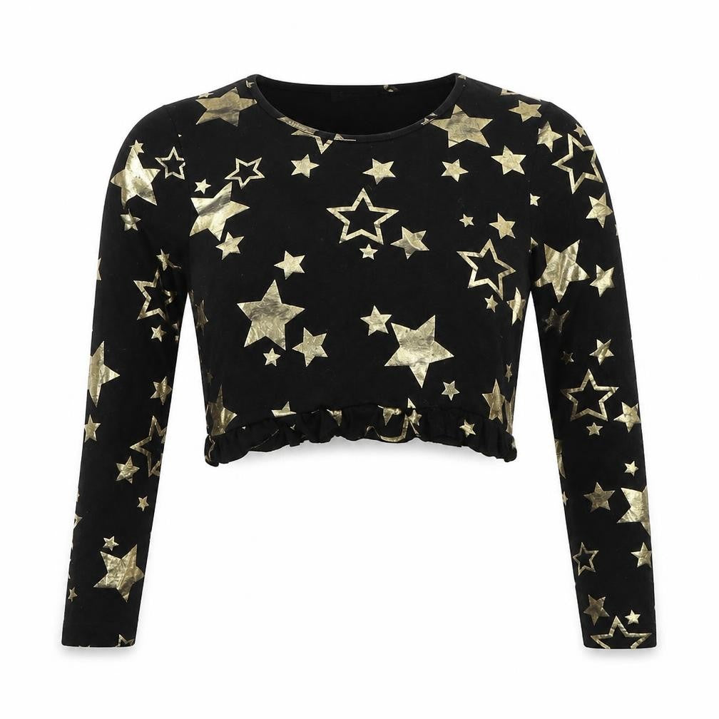 Boohoo Womens Black Geometric Viscose Cropped T-Shirt Size 10 Scoop Neck - Stars