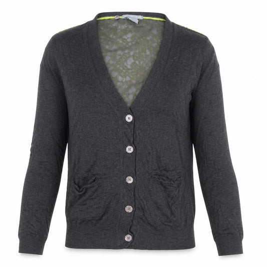 Front view of Urban Hilton Weiner women’s grey v-neck floral polyester cardigan jumper, size S, - lace