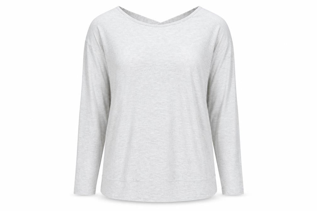 Front view of Gaiam women’s grey polyester basic t-shirt, size M, boat neck