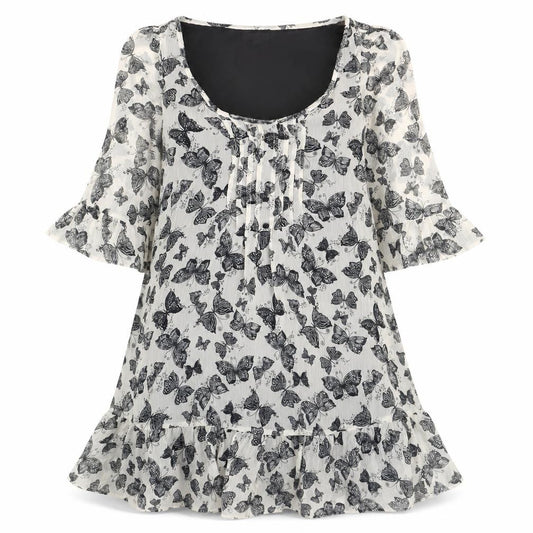 Front view of Next women’s beige geometric polyester fit & flare, size UK 8, round neck pullover - butterflies