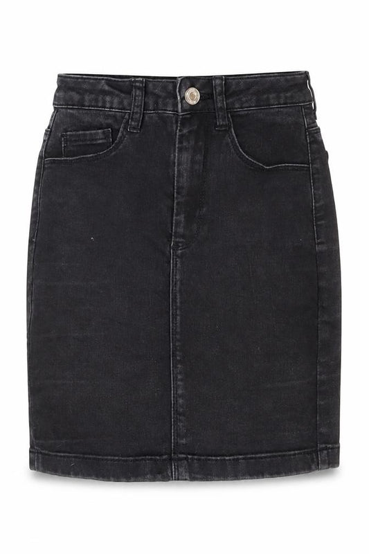 Front view of Missguided women’s black cotton mini skirt, size UK 4, zip