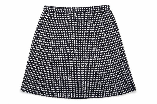 Front view of Bonmarché women’s blue geometric polyester pleated skirt, size UK 34