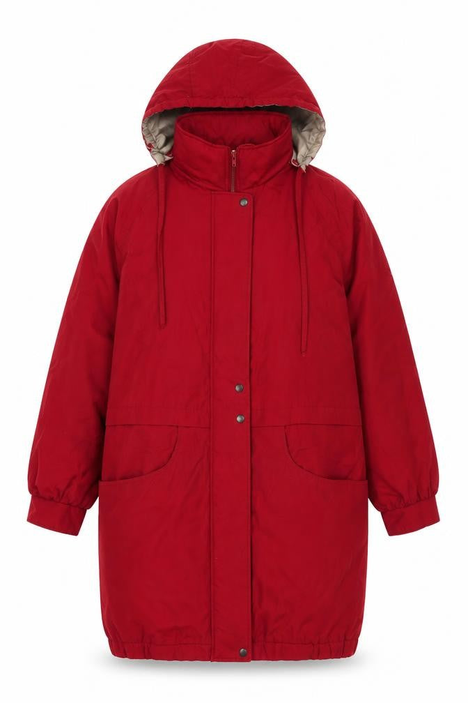 Front view of Preworn women’s red overcoat coat, size UK 12, zip