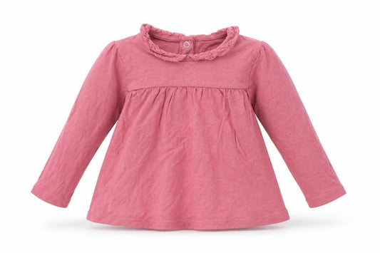 Front view of Tu girls’ pink 100% cotton basic t-shirt, size 9-12, months collared snap - lace detail