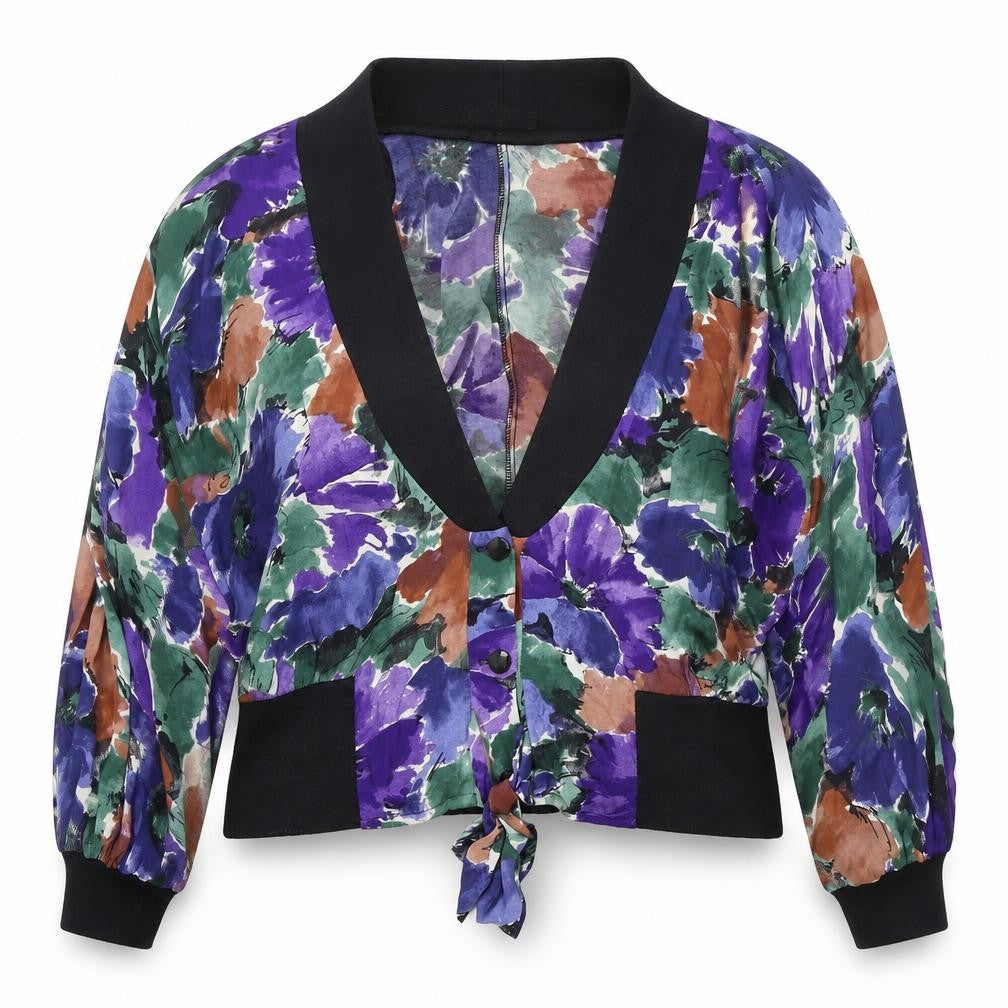 Front view of House of Fraser women’s multicoloured geometric jacket, size UK 14, button - elasticated collar