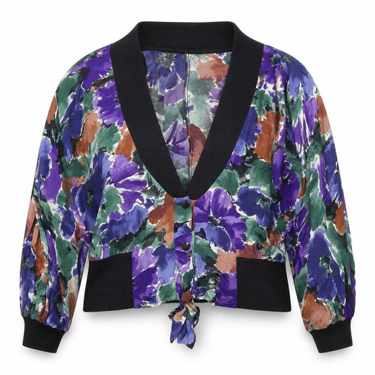 Front view of House of Fraser women’s multicoloured geometric jacket, size UK 14, button - elasticated collar