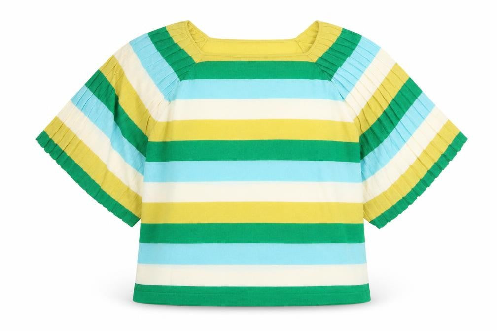 Front view of Gallery women’s multicoloured striped viscose basic blouse, size M, boat neck - ribbed balloon sleeve