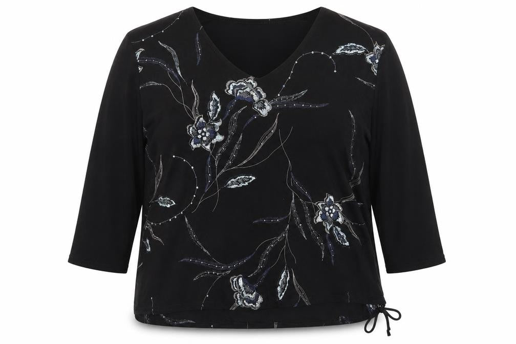 Front view of Saloos women’s black floral polyester basic blouse, size 2XL, v-neck