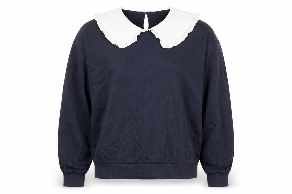 Front view of New Look women’s blue cotton pullover sweatshirt, size M, button