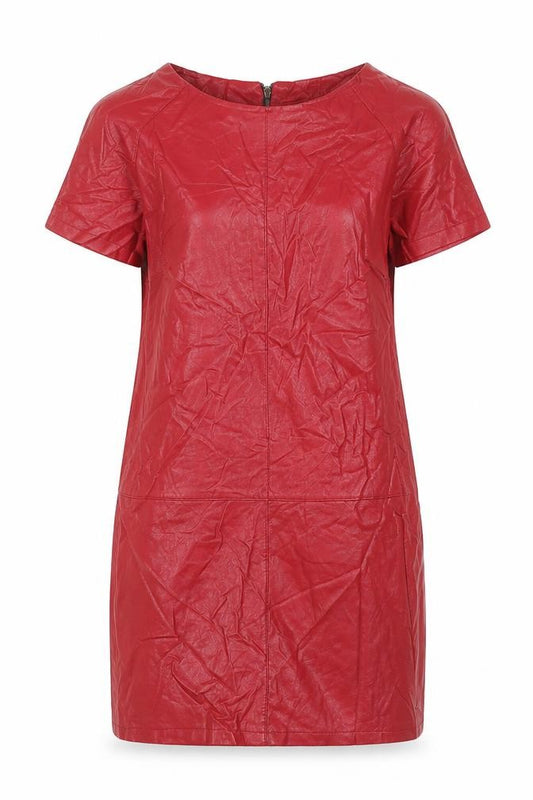 Front view of women’s red polyester shift, size S, boat neck zip - leather look