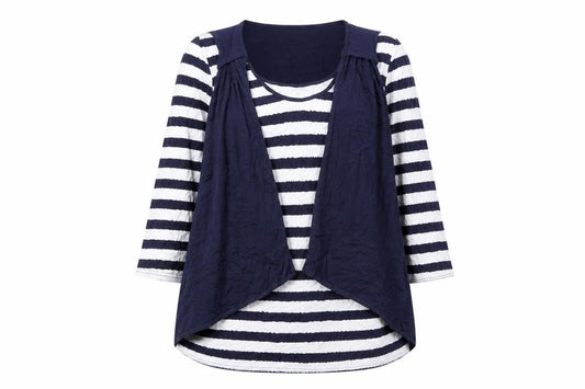 Front view of women’s blue striped viscose a-line, size L, scoop neck pullover