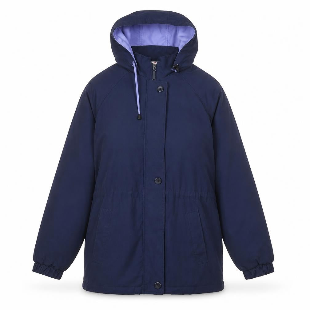 Front view of STATURE women’s blue jacket coat, size UK 10, zip