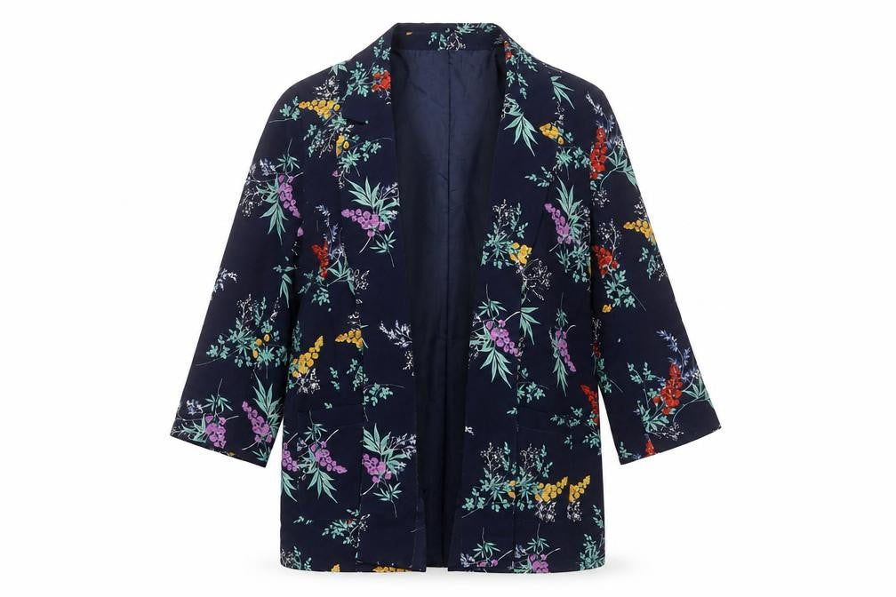 Front view of Bonmarché women’s black floral jacket, size UK 12