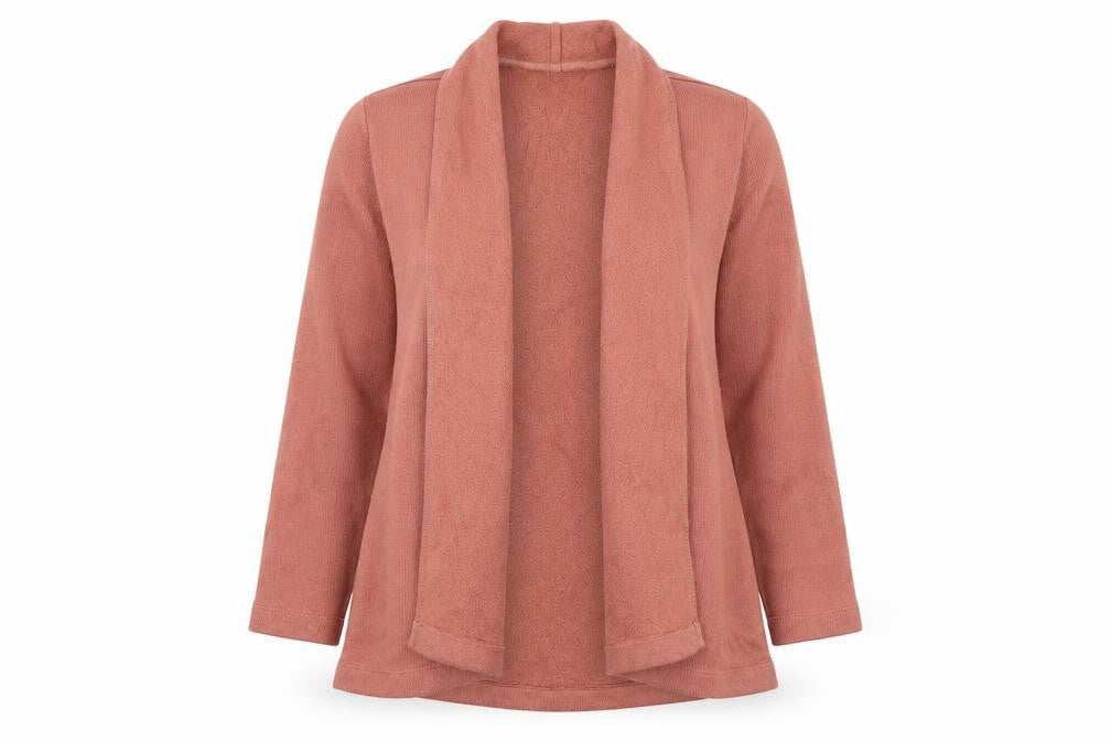 Front view of Lands' End women’s pink v-neck polyester cardigan jumper, size XS