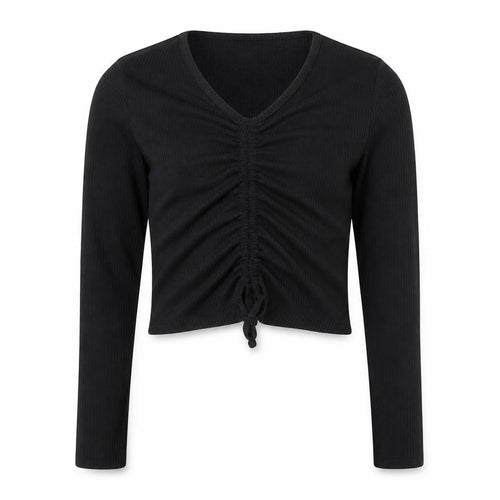 Matalan Girls Black Cotton Cropped T-Shirt Size 11 Years V-Neck Pullover - Ruched