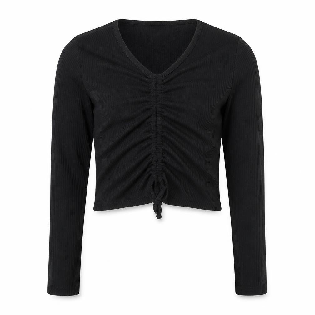Matalan Girls Black Cotton Cropped T-Shirt Size 11 Years V-Neck Pullover - Ruched