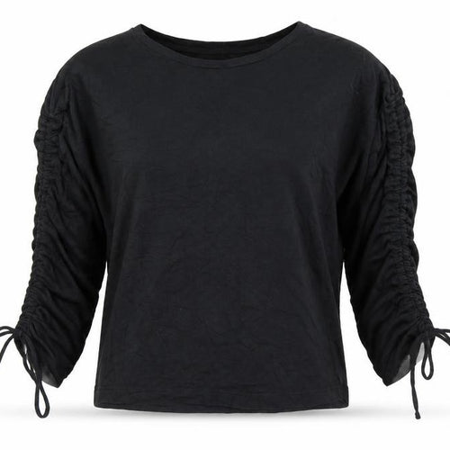 Mango Womens Black Cotton Basic T-Shirt Size S Round Neck - Ruched Sleeve