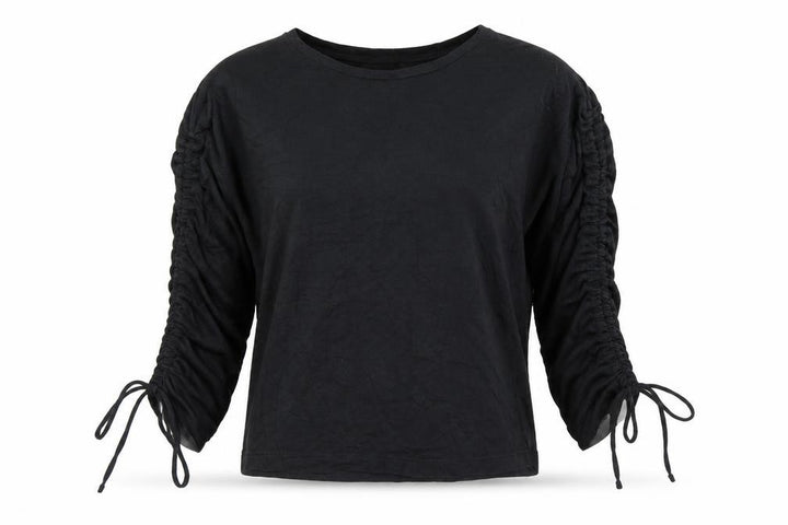 Mango Womens Black Cotton Basic T-Shirt Size S Round Neck - Ruched Sleeve