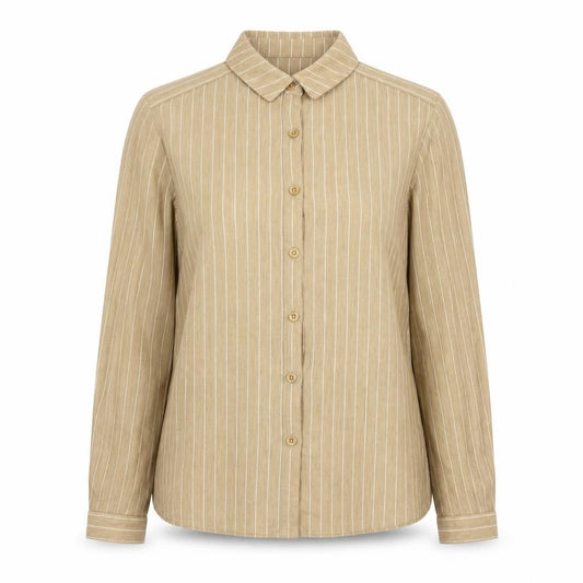Front view of Match Set women’s brown striped polyester basic button-up, size UK 12, collared