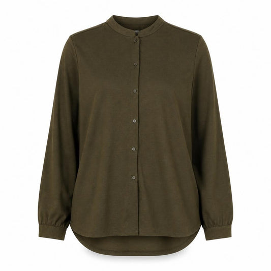 Front view of H&M women’s green polyester basic button-up, size M, round neck