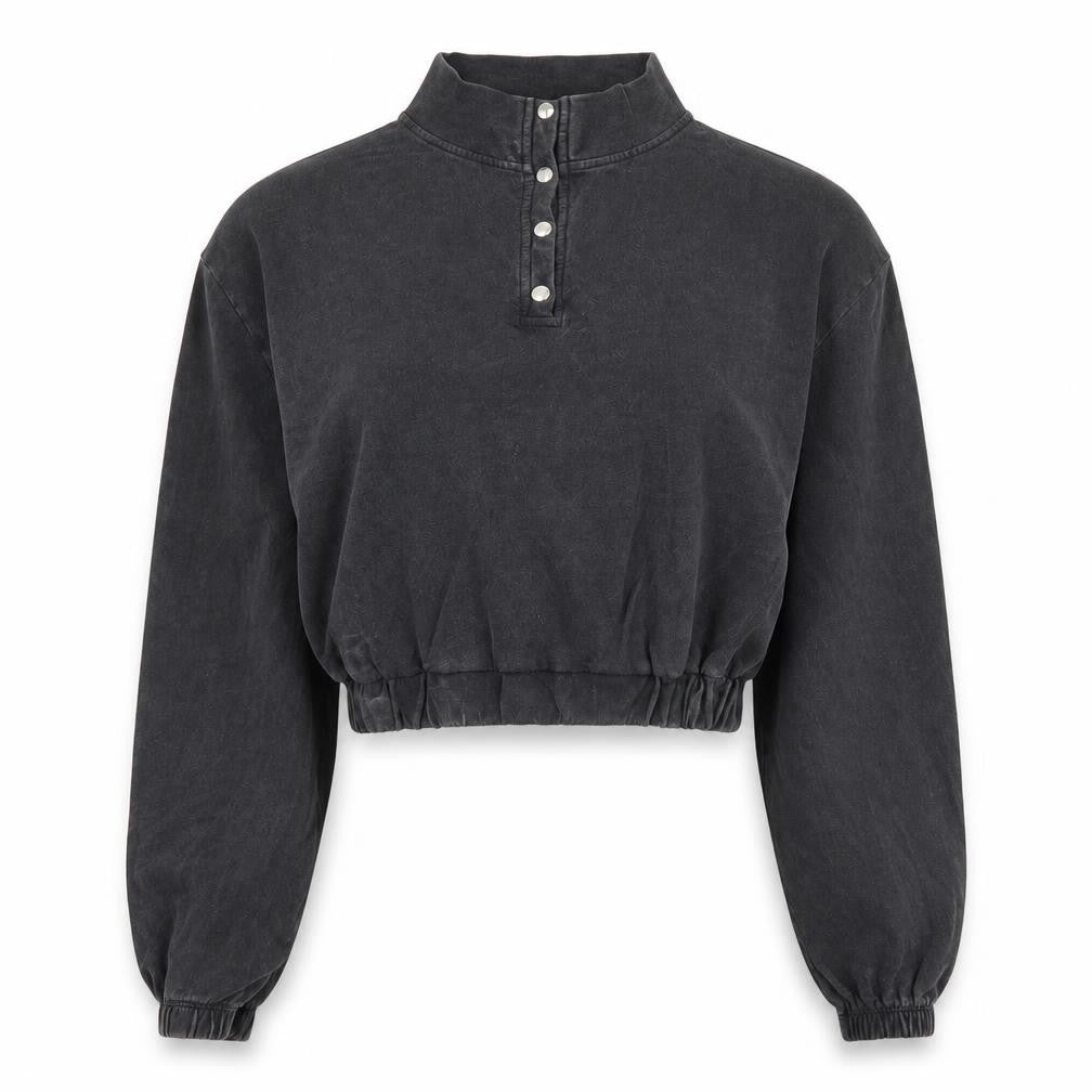 Front view of Boohoo women’s grey cotton pullover sweatshirt, size S, button