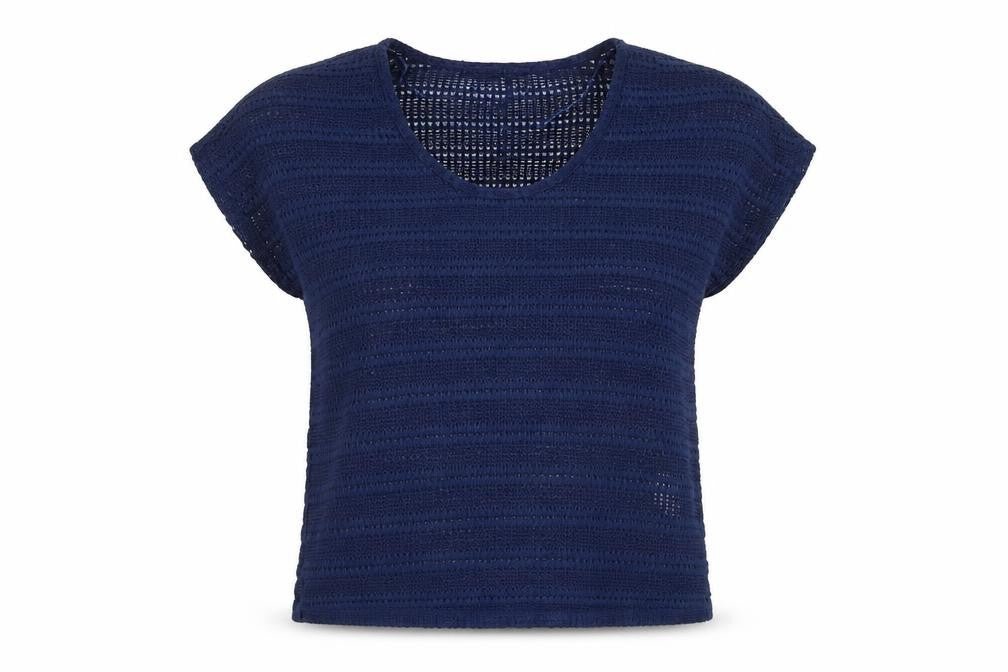 Front view of Atmosphere women’s blue scoop neck polyester jumper, size UK 8