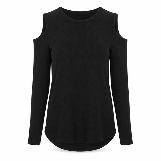Front view of H&M women’s black polyester basic t-shirt, size S, round neck - cold shoulder