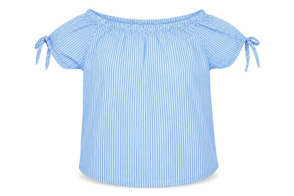 Front view of H&M women’s blue striped 100% cotton basic t-shirt, size XL, off the shoulder