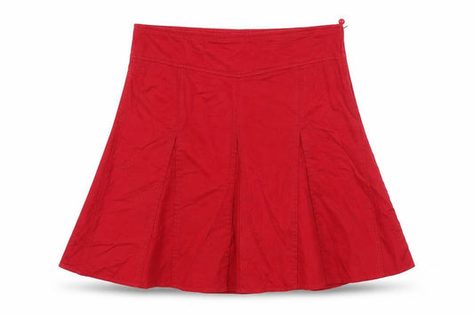 Front view of LIVRE women’s red cotton pleated skirt, size UK 10, zip