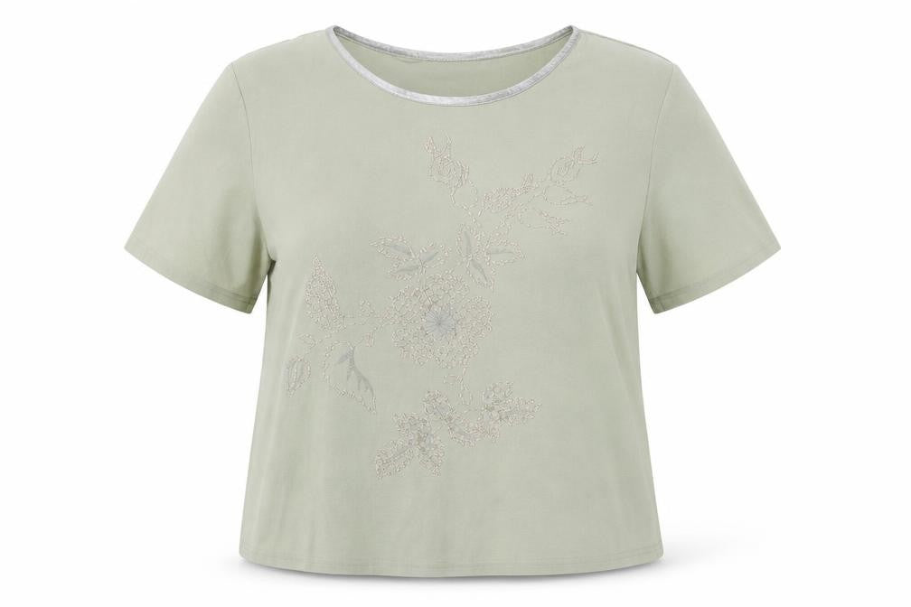 Front view of Berkertex women’s green polyester basic t-shirt, size UK 22, round neck - flower