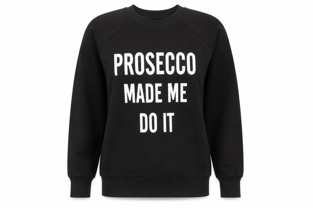 Front view of women’s black cotton pullover sweatshirt, size S, pullover - prosecco made me do it